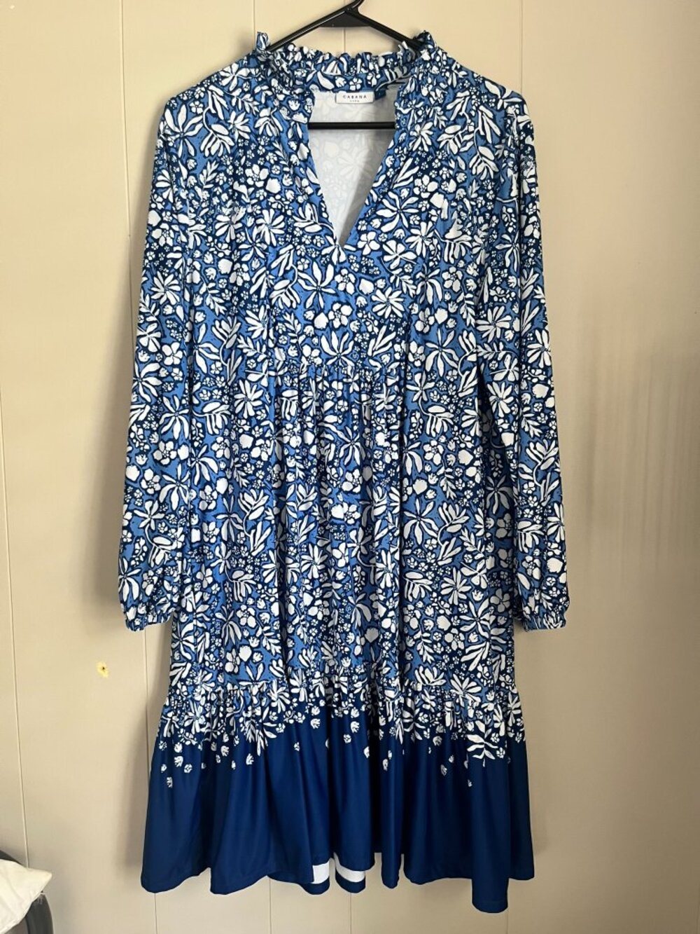 Cabana Life Blue White Floral Long Sleeve Tiered Dress Women's L